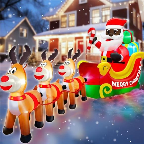 12 Ft Christmas Inflatables Black Santa Claus on Sleigh w/ Three Reindeer & Box